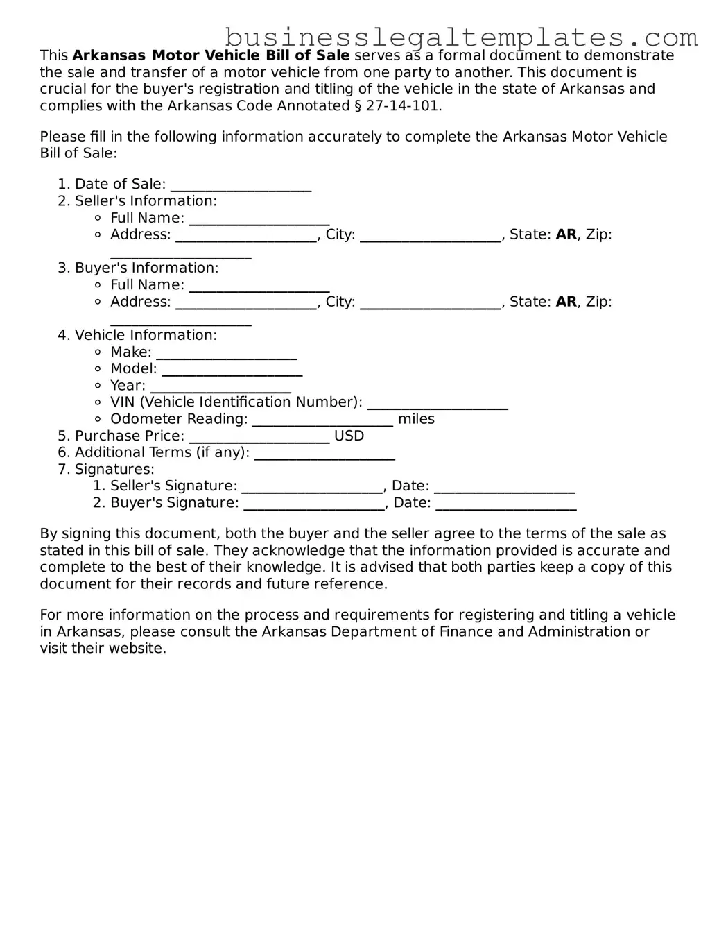 Blank Arkansas Motor Vehicle Bill of Sale Document
