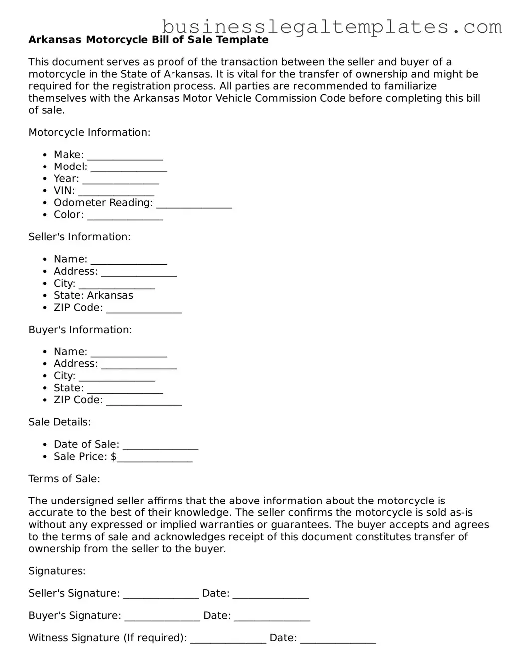 Blank Arkansas Motorcycle Bill of Sale Document