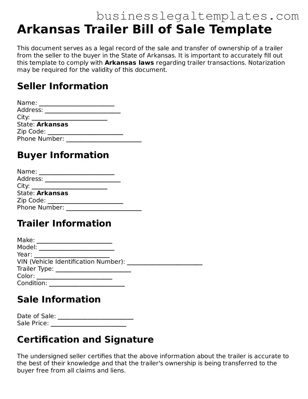 Blank Arkansas Trailer Bill of Sale Document