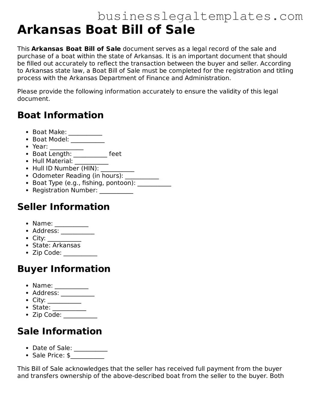 Blank Arkansas Boat Bill of Sale Document