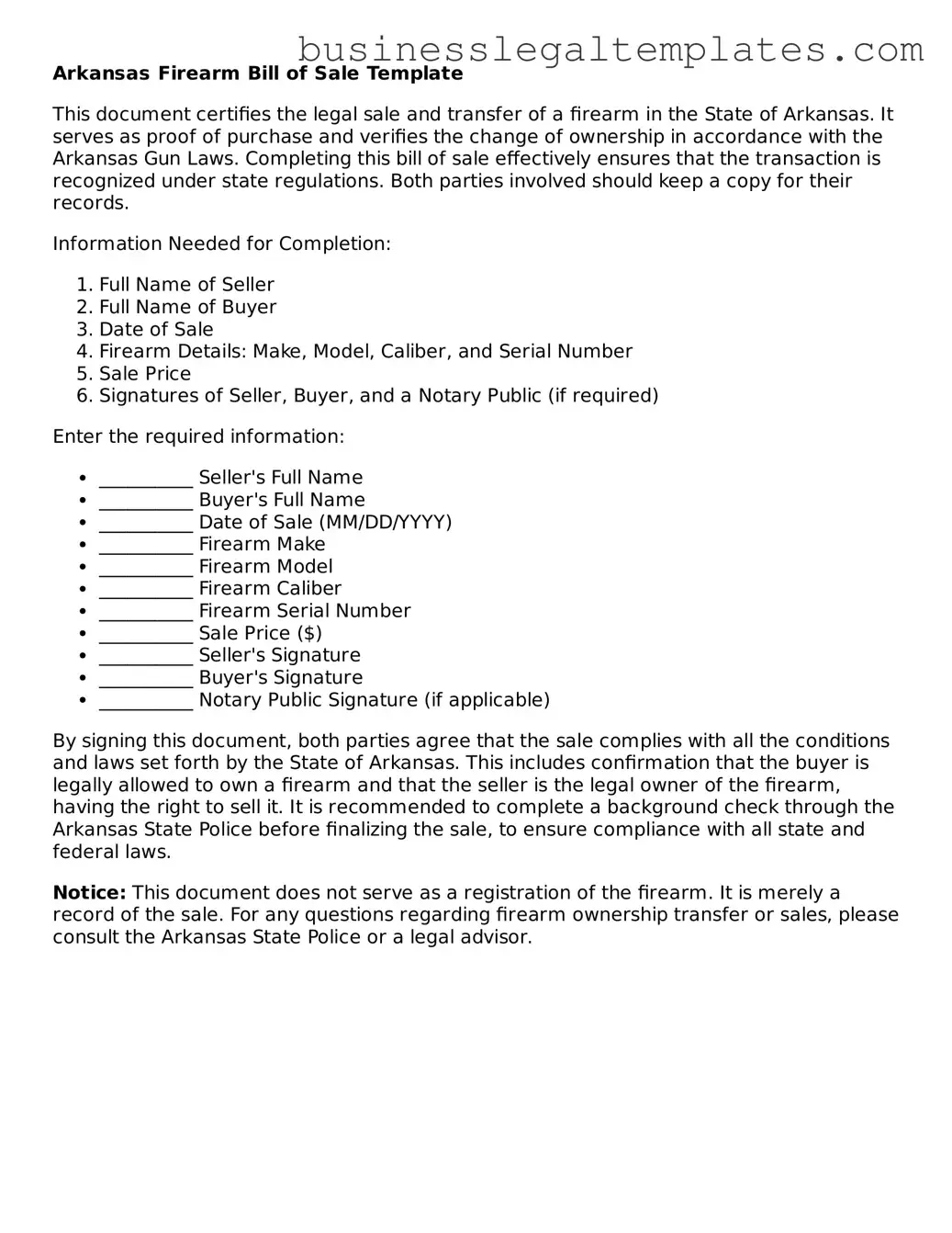 Blank Arkansas Firearm Bill of Sale Document