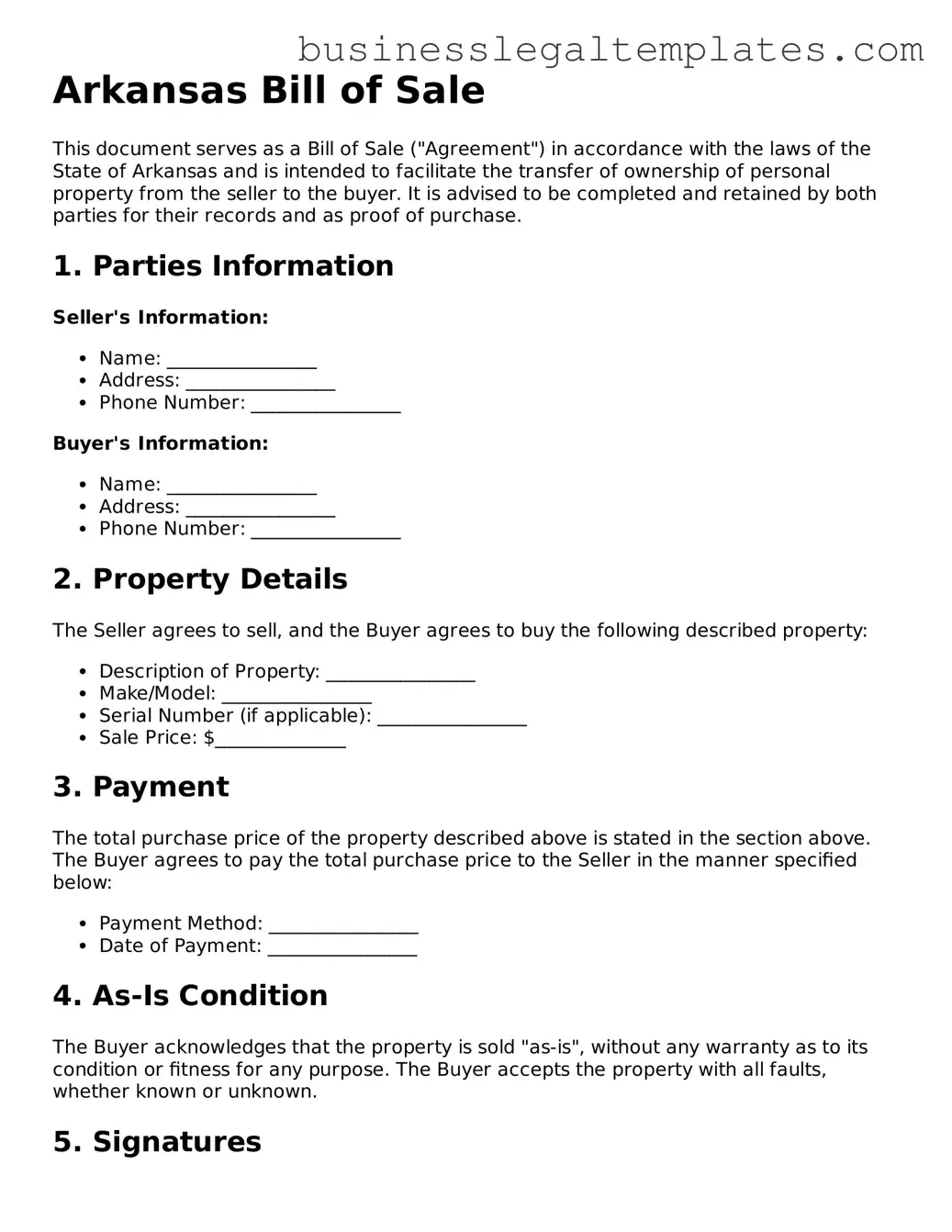 Blank Arkansas Bill of Sale Document