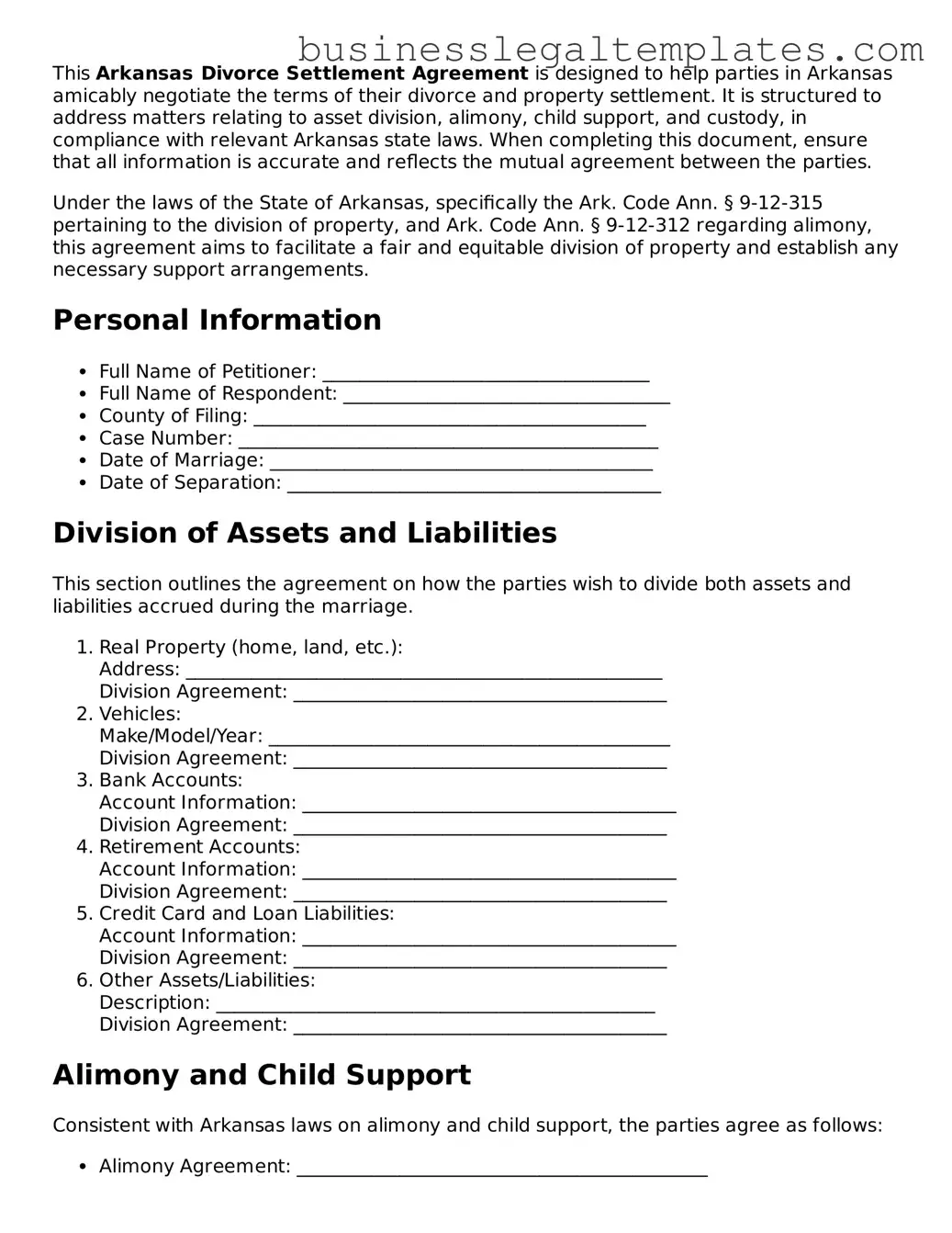 Blank Arkansas Divorce Settlement Agreement Document