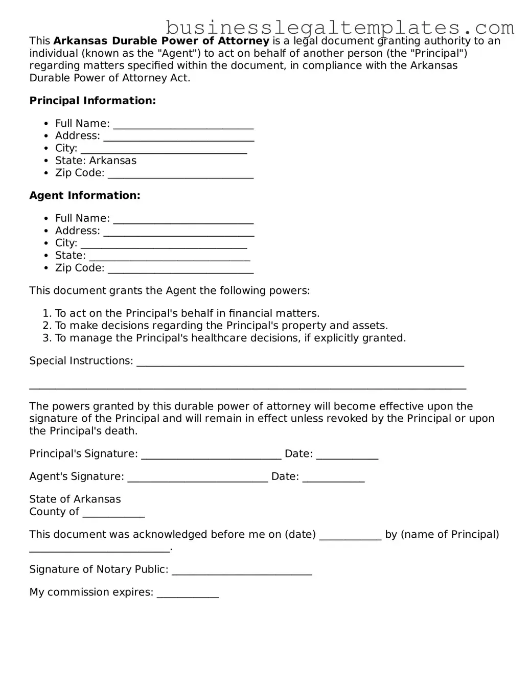Blank Arkansas Durable Power of Attorney Document