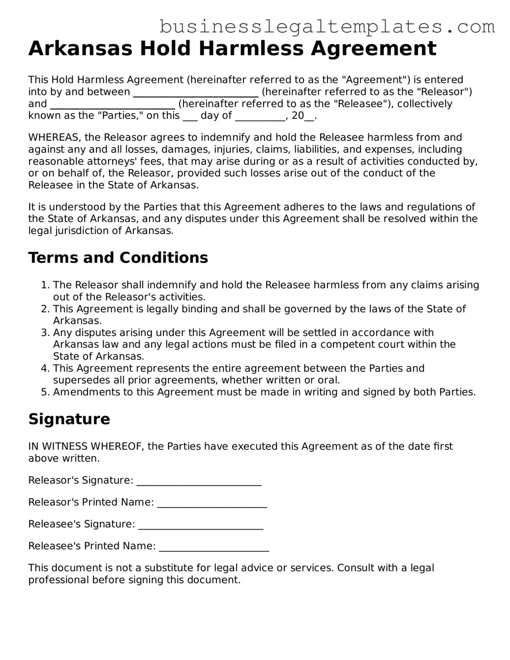Blank Arkansas Hold Harmless Agreement Document