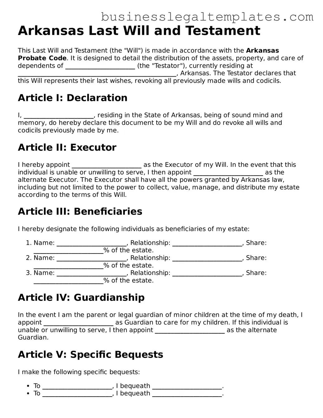 Blank Arkansas Last Will and Testament Document