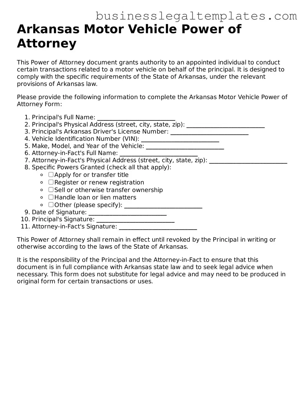 Blank Arkansas Motor Vehicle Power of Attorney Document