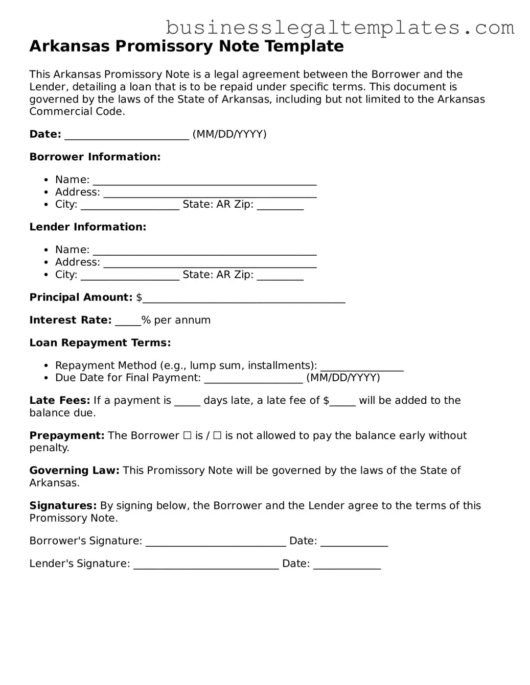 Blank Arkansas Promissory Note Document