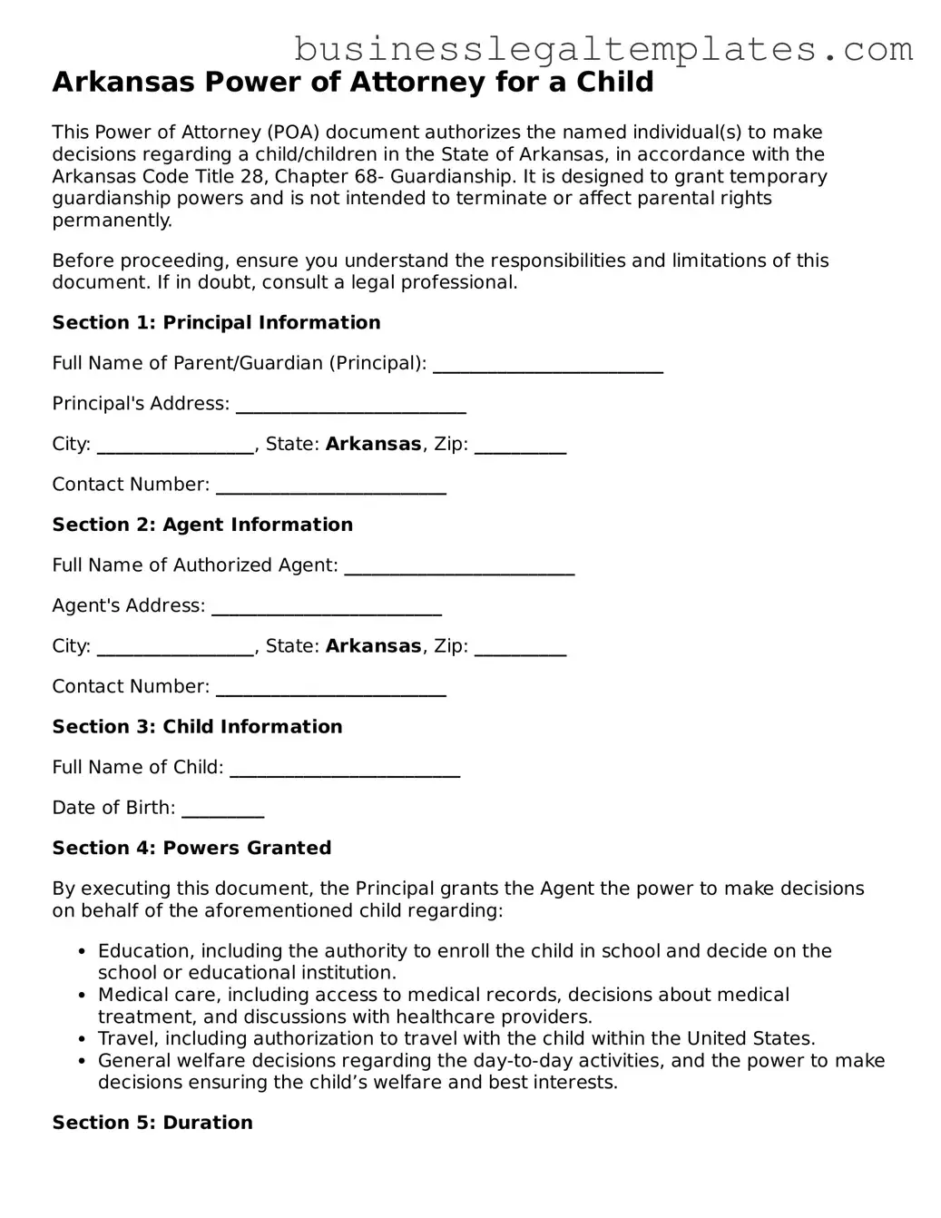 Blank Arkansas Power of Attorney for a Child Document
