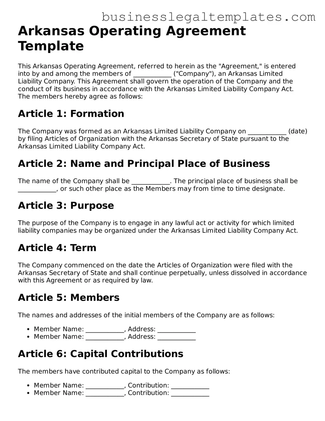 Blank Arkansas Operating Agreement Document