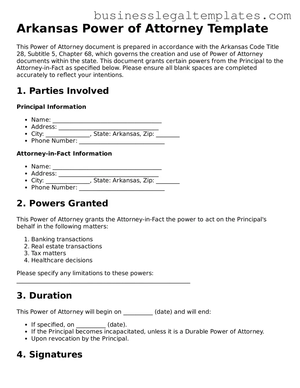 Blank Arkansas Power of Attorney Document