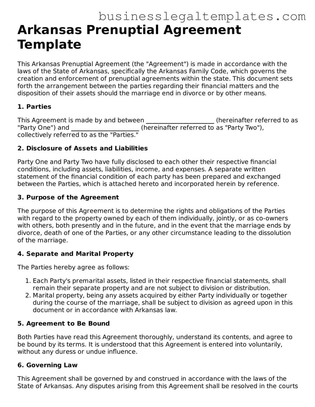 Blank Arkansas Prenuptial Agreement Document