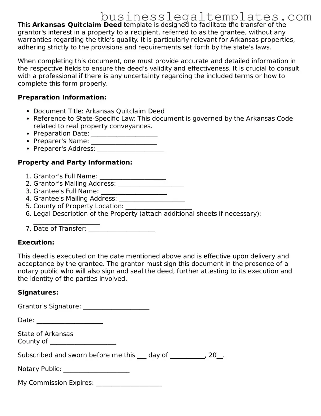Blank Arkansas Quitclaim Deed Document