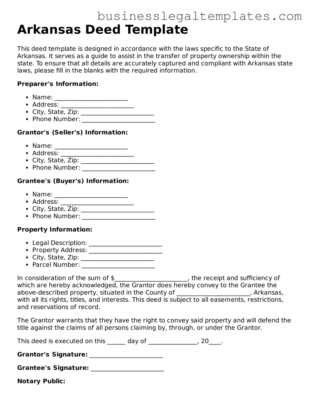Blank Arkansas Deed Document