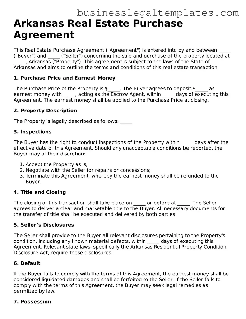 Blank Arkansas Real Estate Purchase Agreement Document