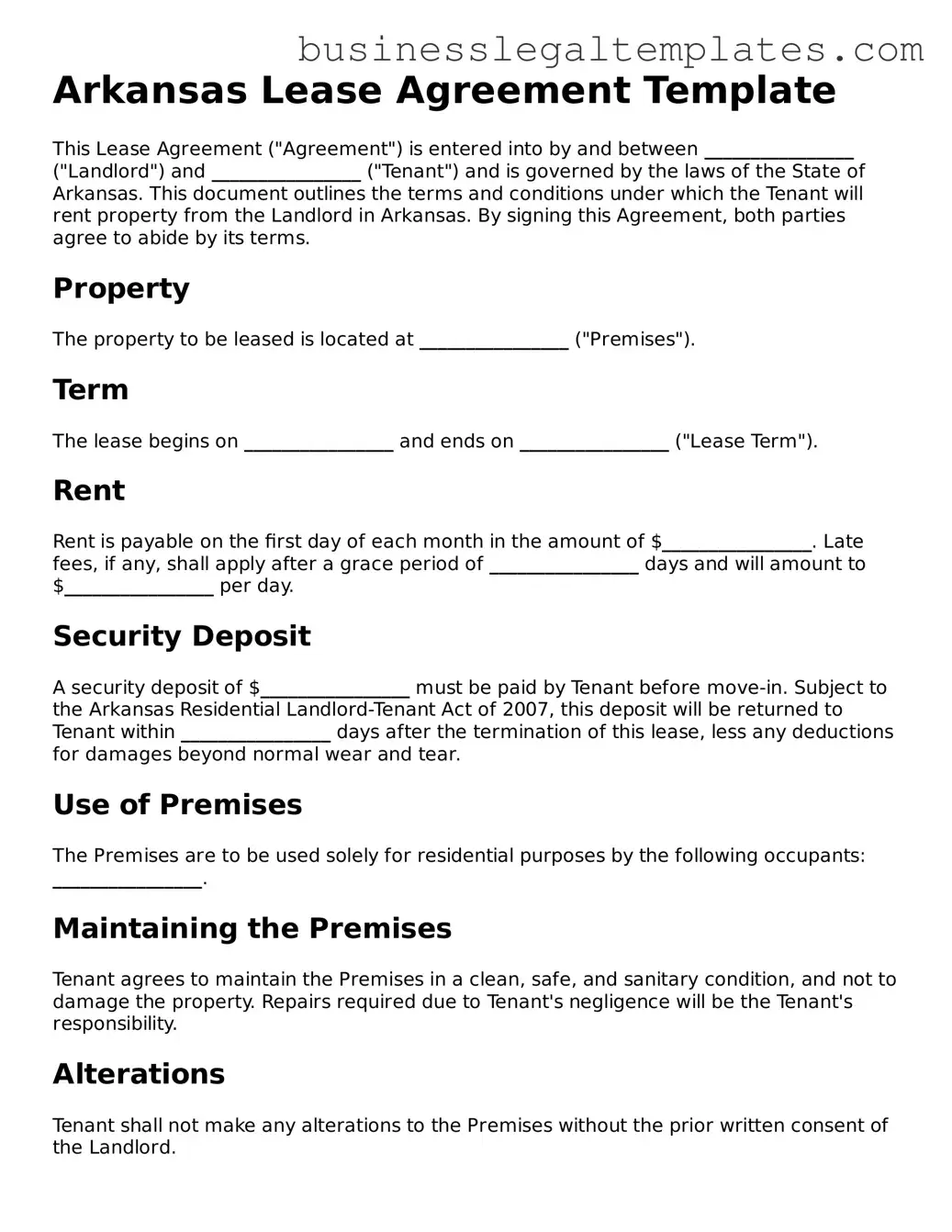 Blank Arkansas Lease Agreement Document