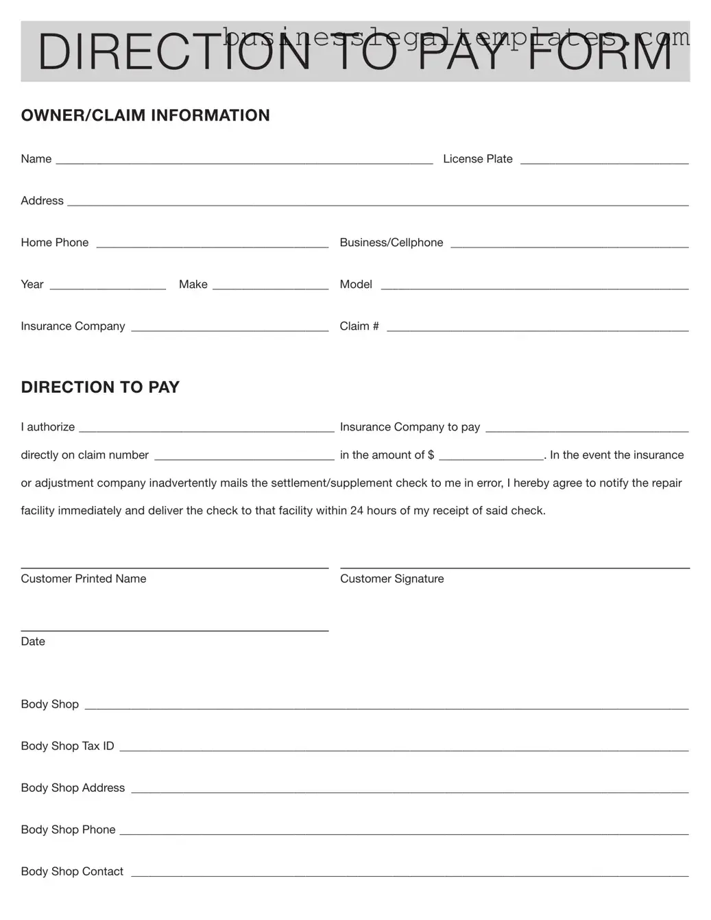 Printable Authorization And Direction Pay Form