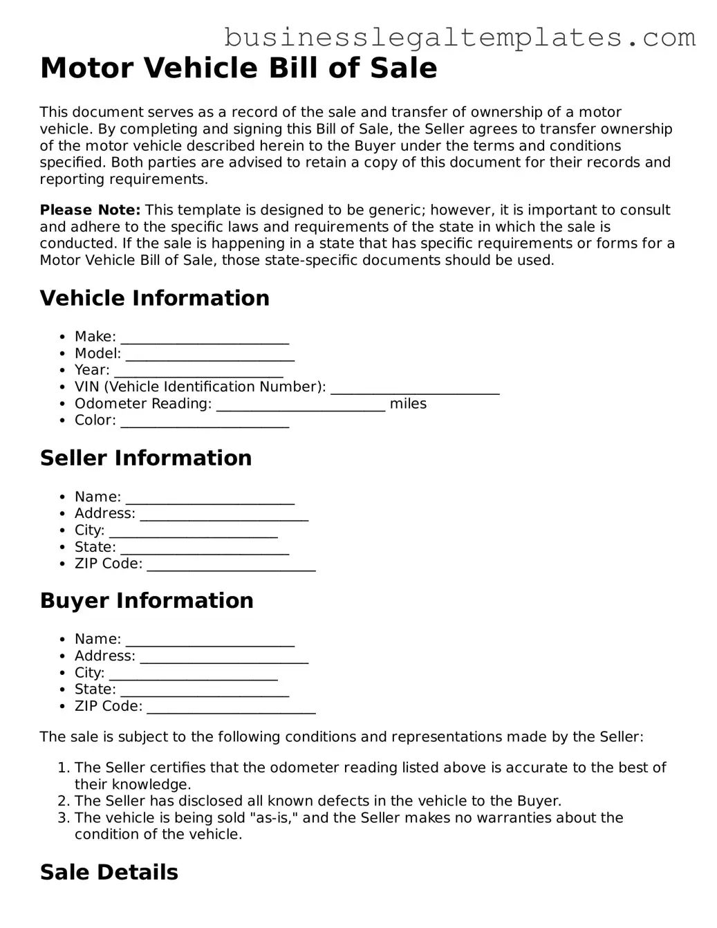 Fillable Motor Vehicle Bill of Sale Form
