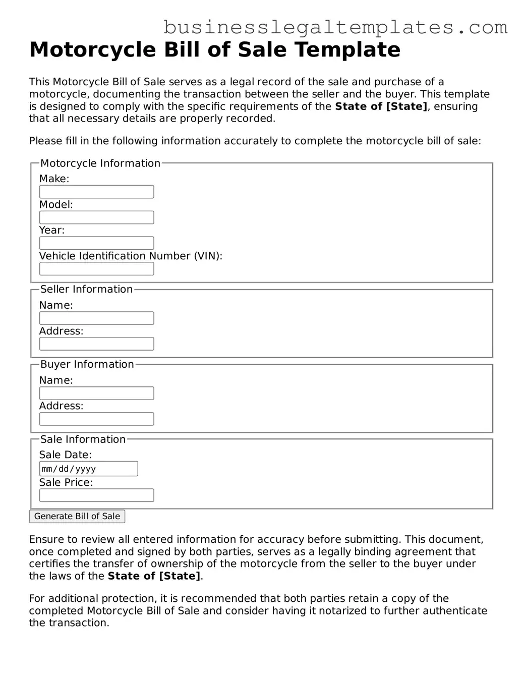 Fillable Motorcycle Bill of Sale Form