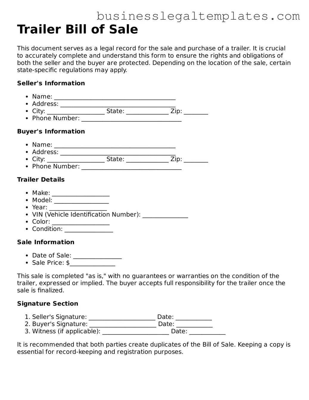 Fillable Trailer Bill of Sale Form