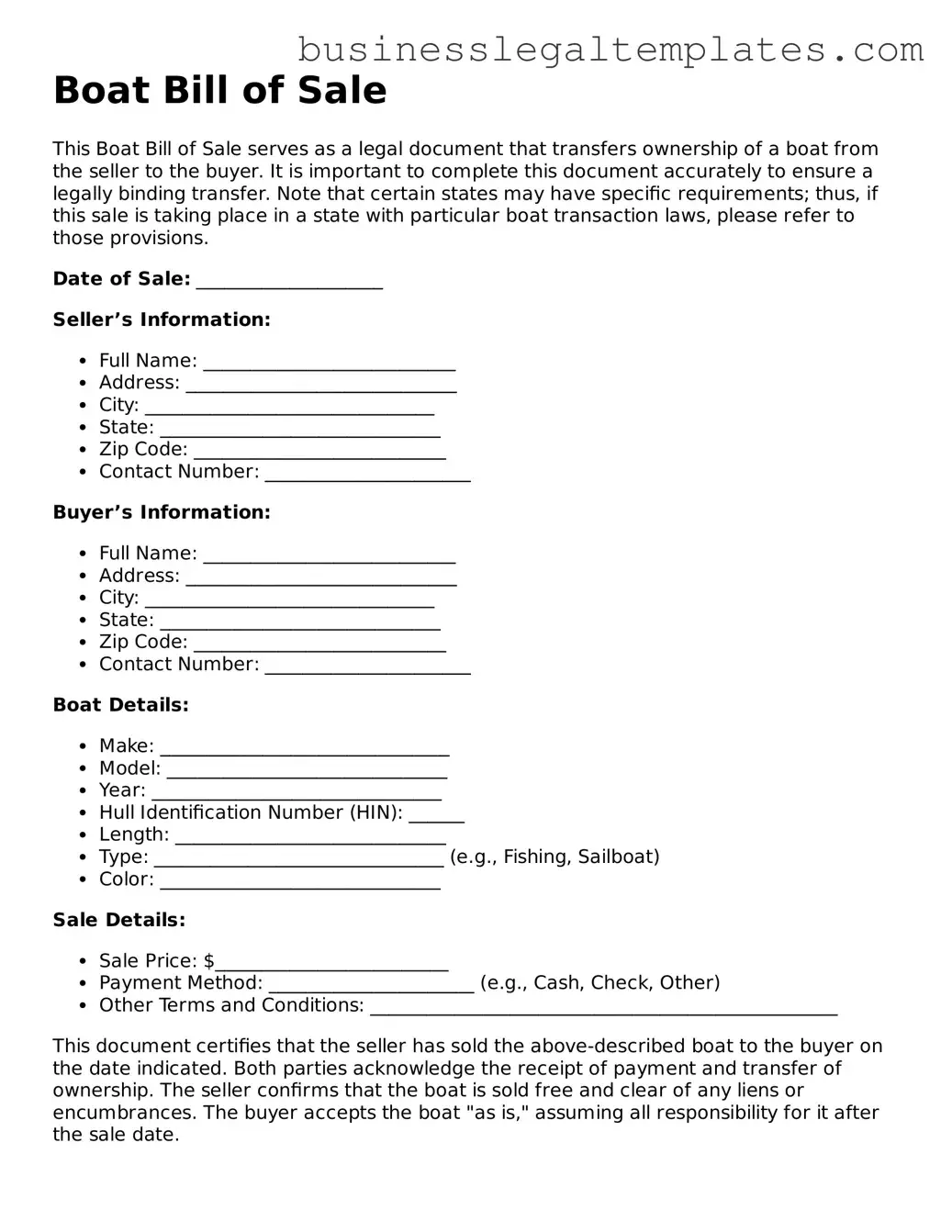 Fillable Boat Bill of Sale Form