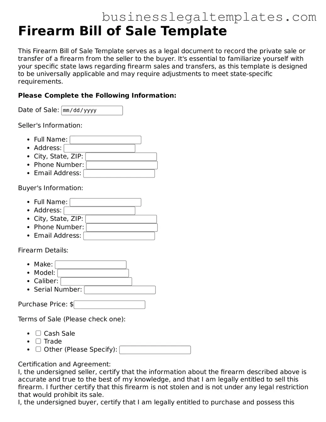 Fillable Firearm Bill of Sale Form