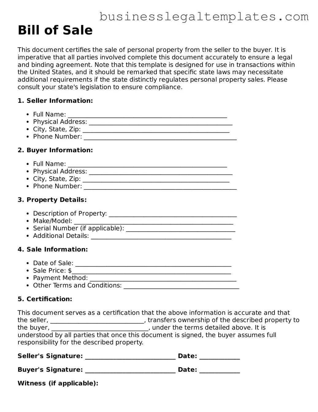 Fillable Bill of Sale Form