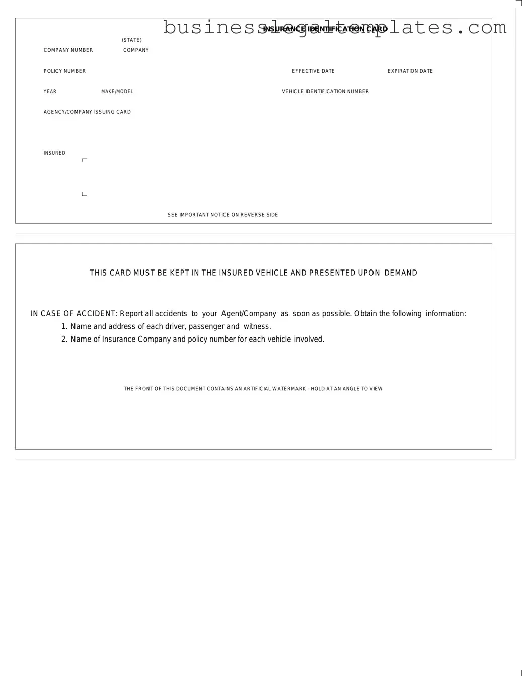 Printable Auto Insurance Card Form