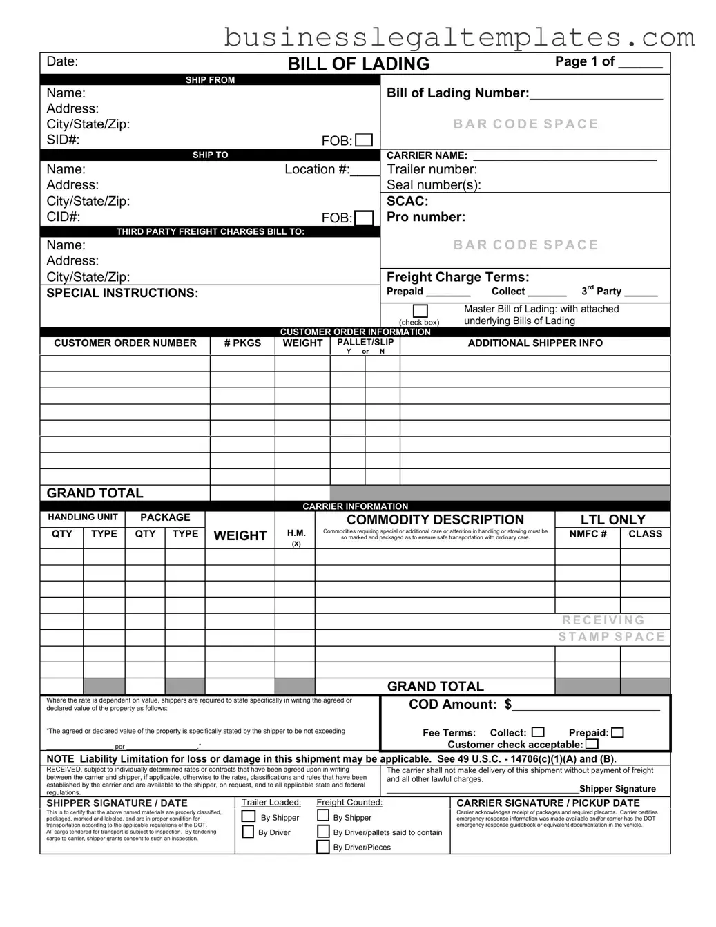 Printable Bill of Lading with a Supplement Form