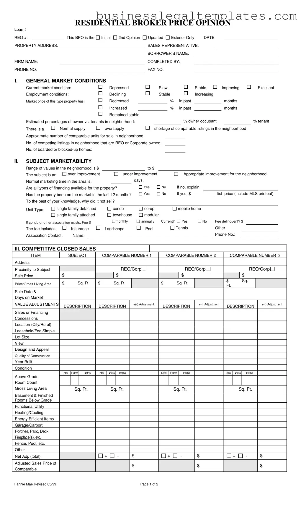 Printable Broker Price Opinion Form