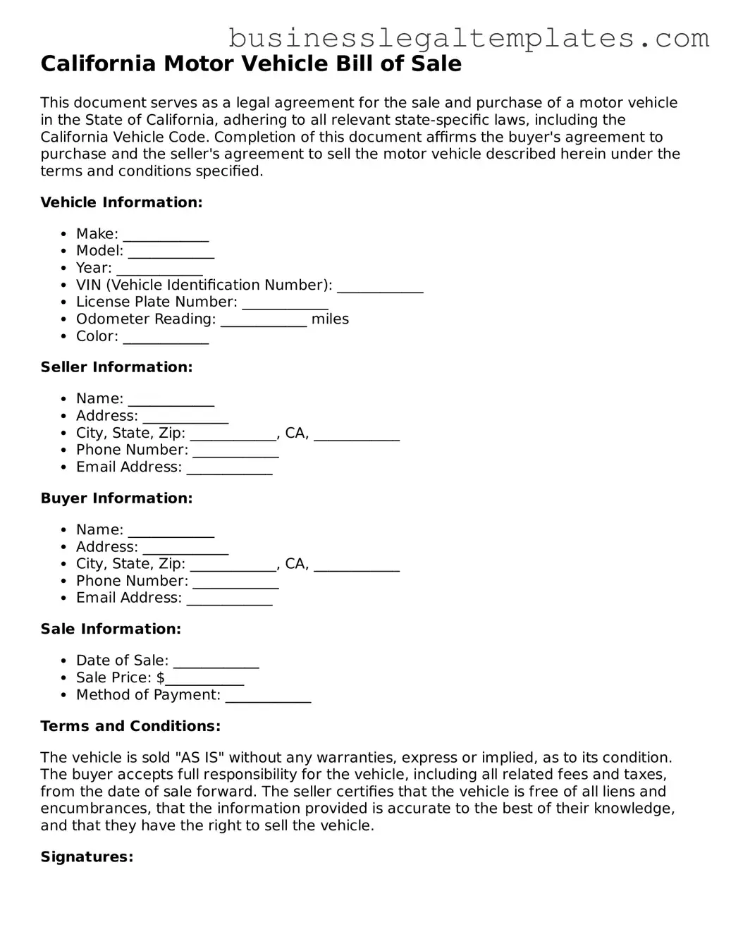 Blank California Motor Vehicle Bill of Sale Document