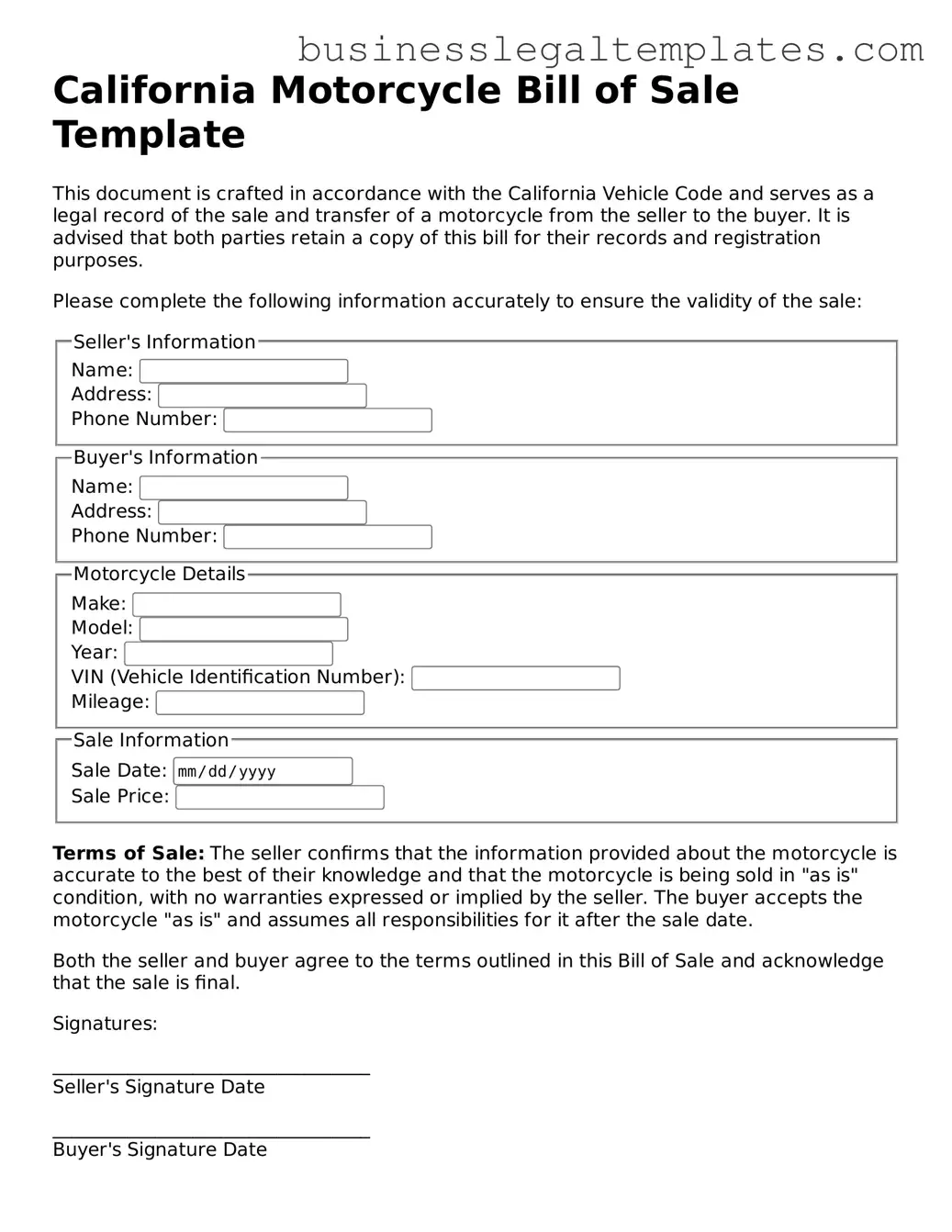 Blank California Motorcycle Bill of Sale Document