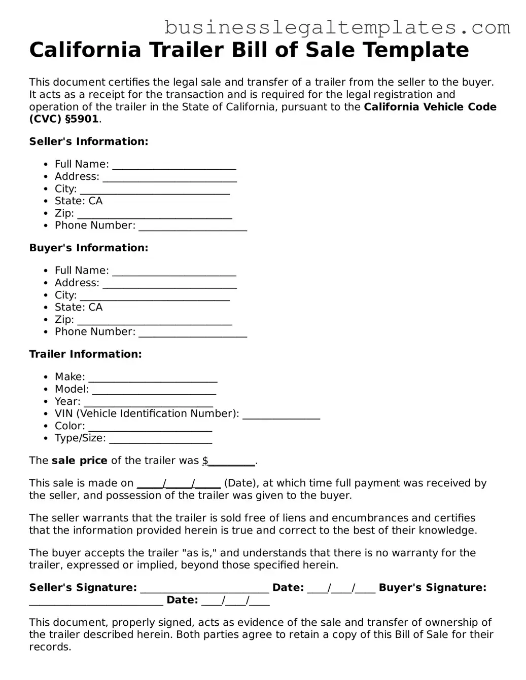 Blank California Trailer Bill of Sale Document