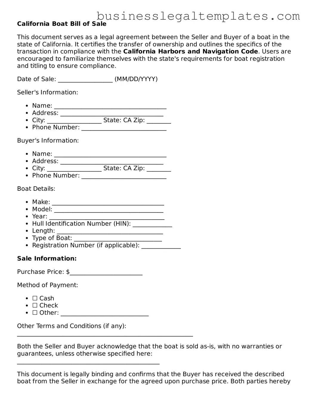 Blank California Boat Bill of Sale Document