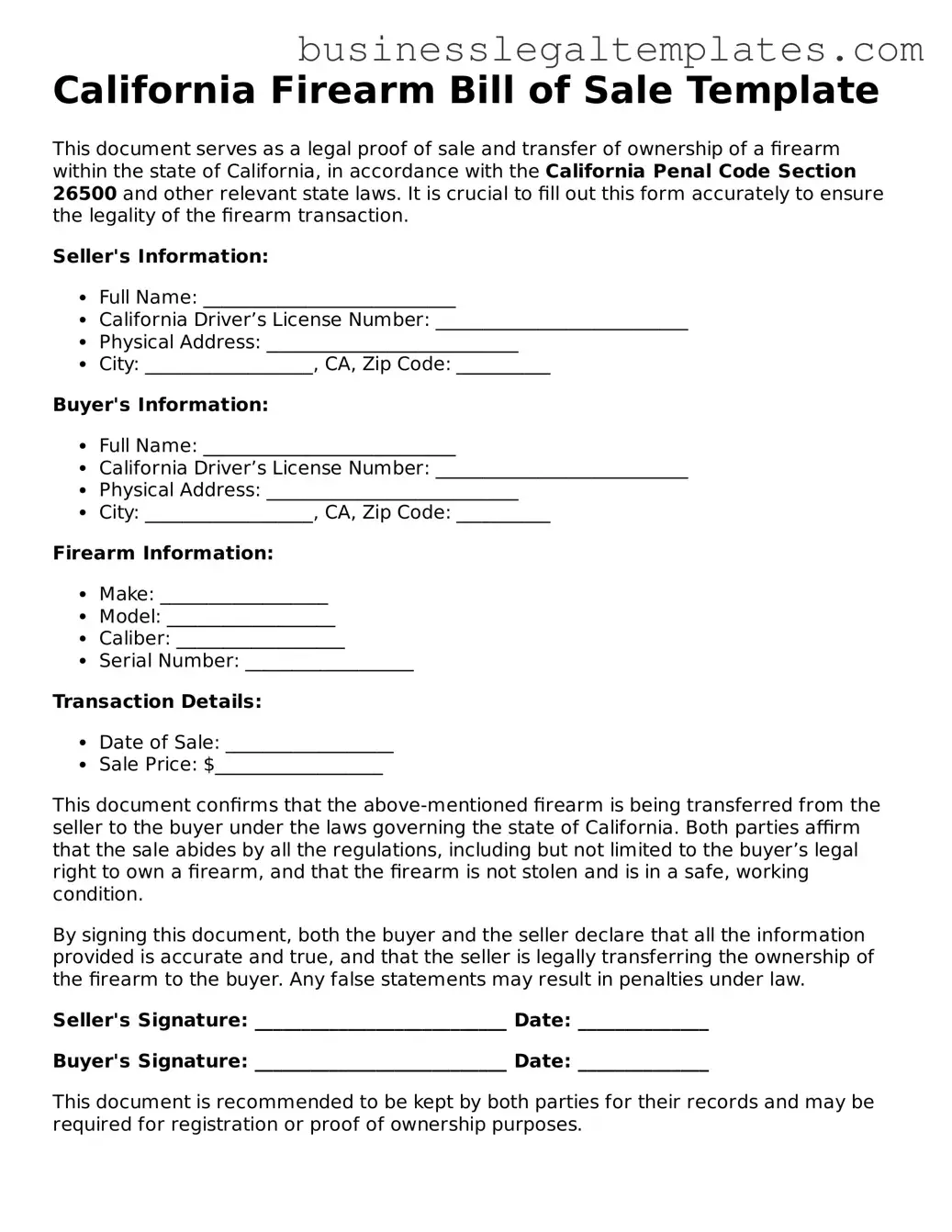 Blank California Firearm Bill of Sale Document