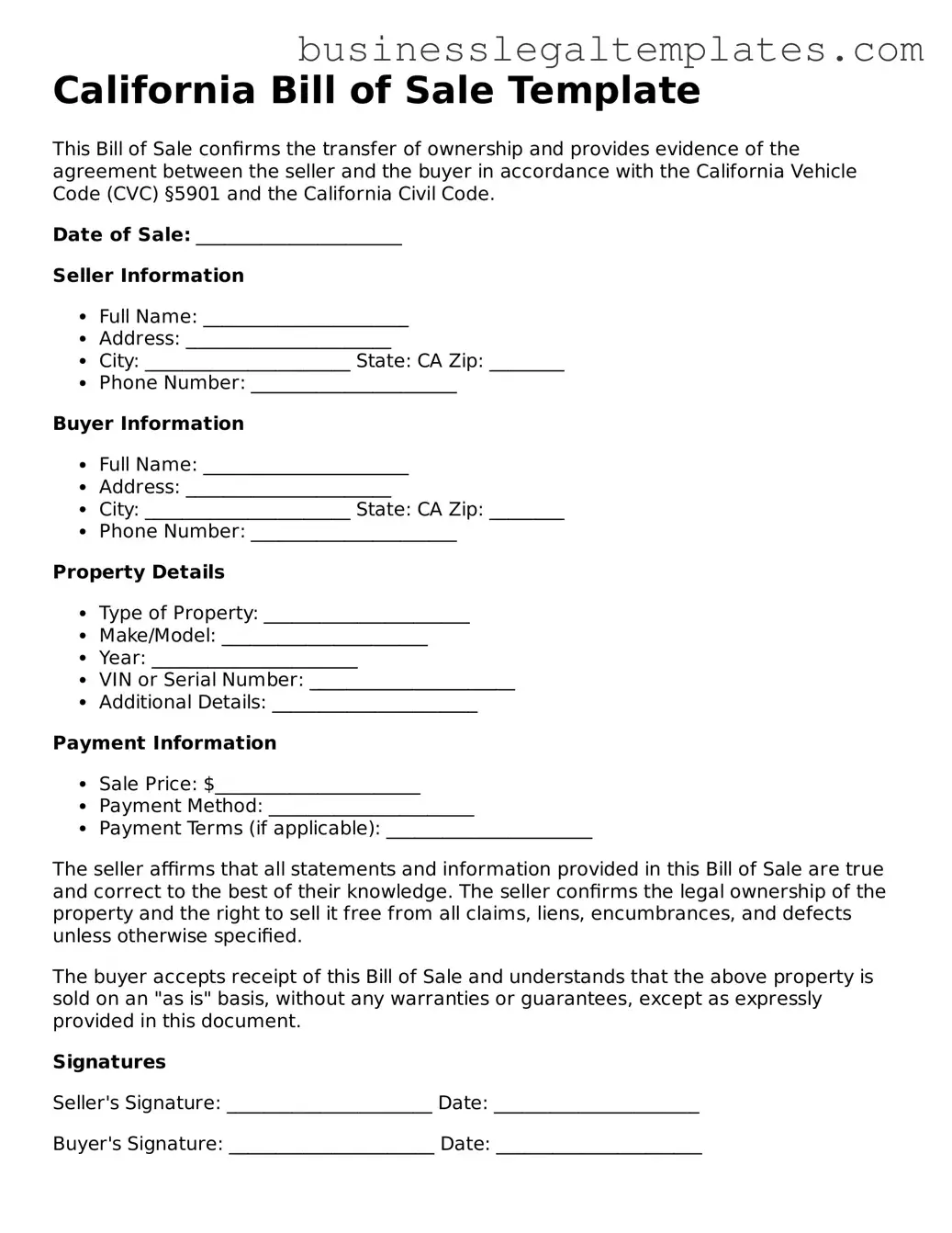 Blank California Bill of Sale Document
