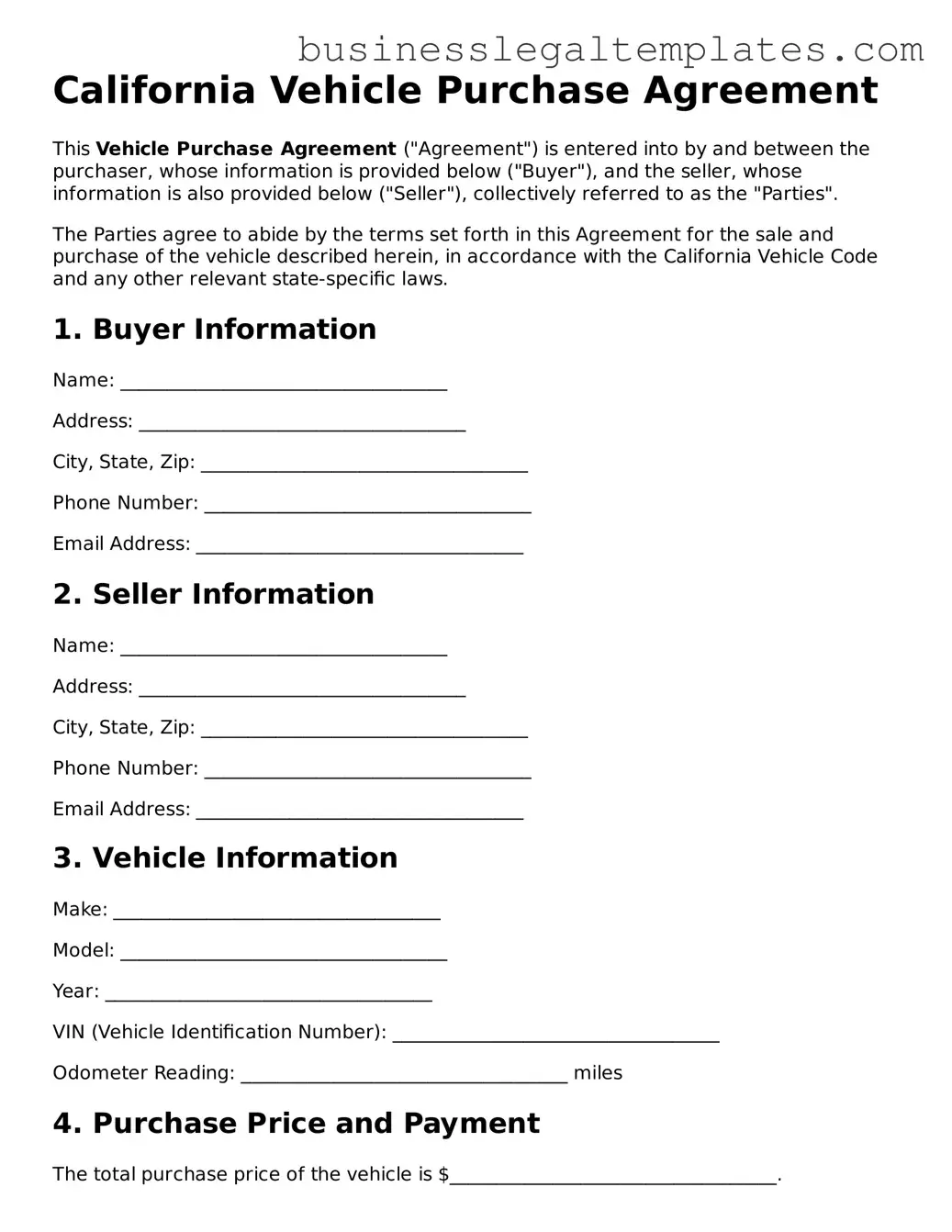 Blank California Vehicle Purchase Agreement Document