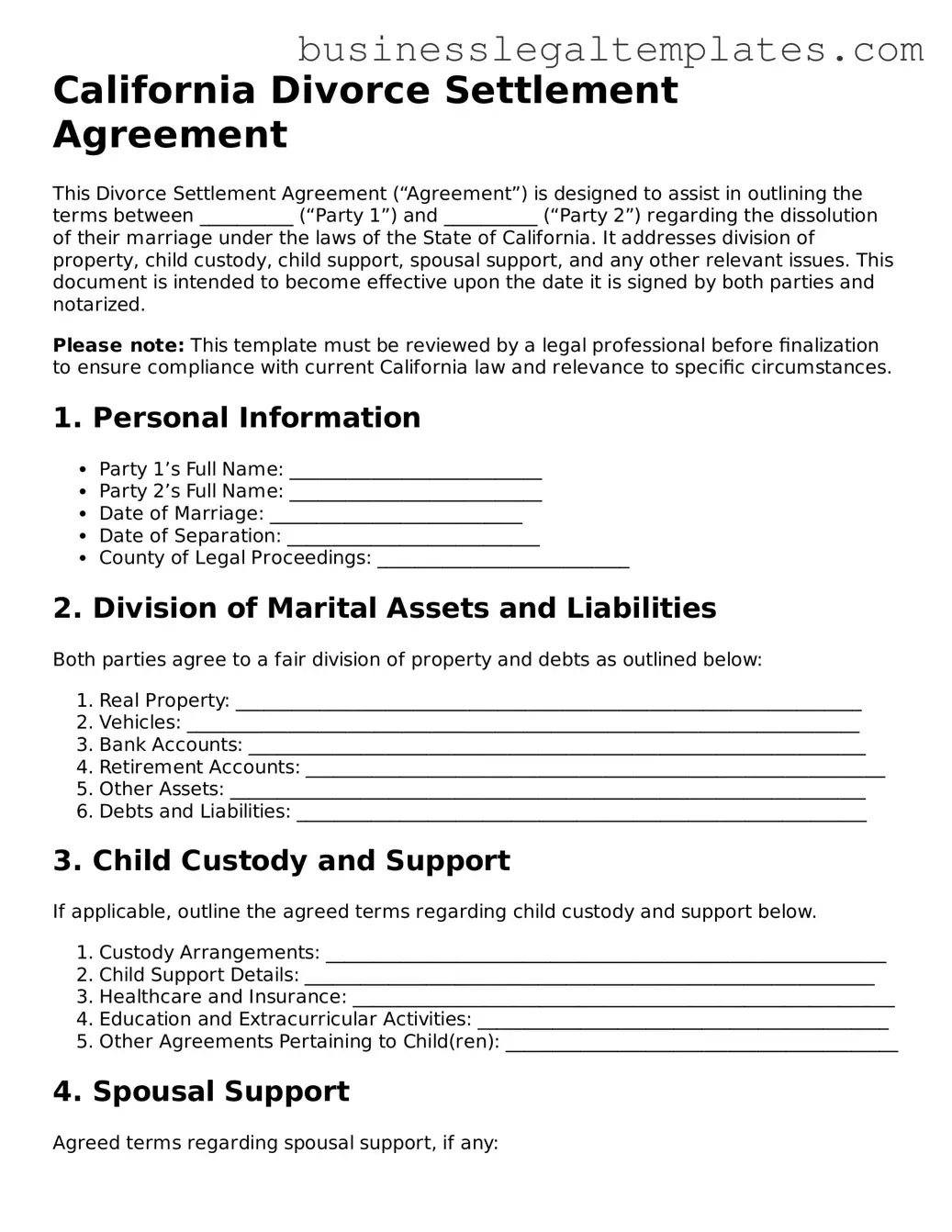 Blank California Divorce Settlement Agreement Document