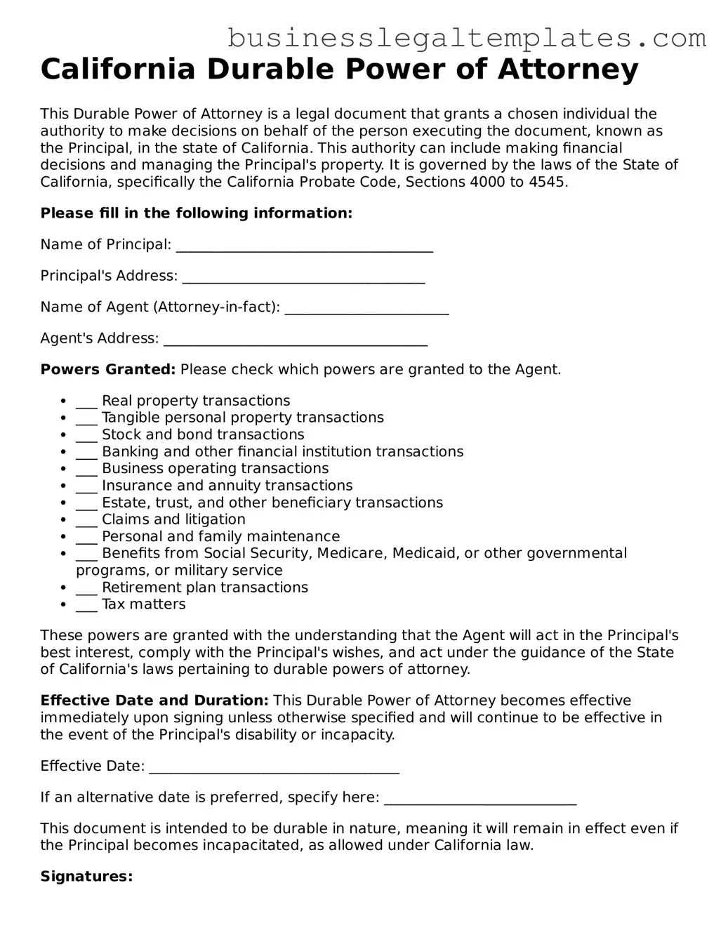 Blank California Durable Power of Attorney Document