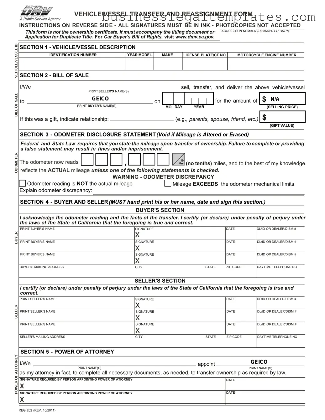 Printable California Fotm Reg 262 Form
