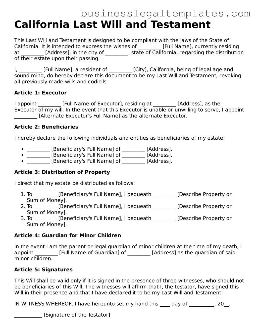 Blank California Last Will and Testament Document