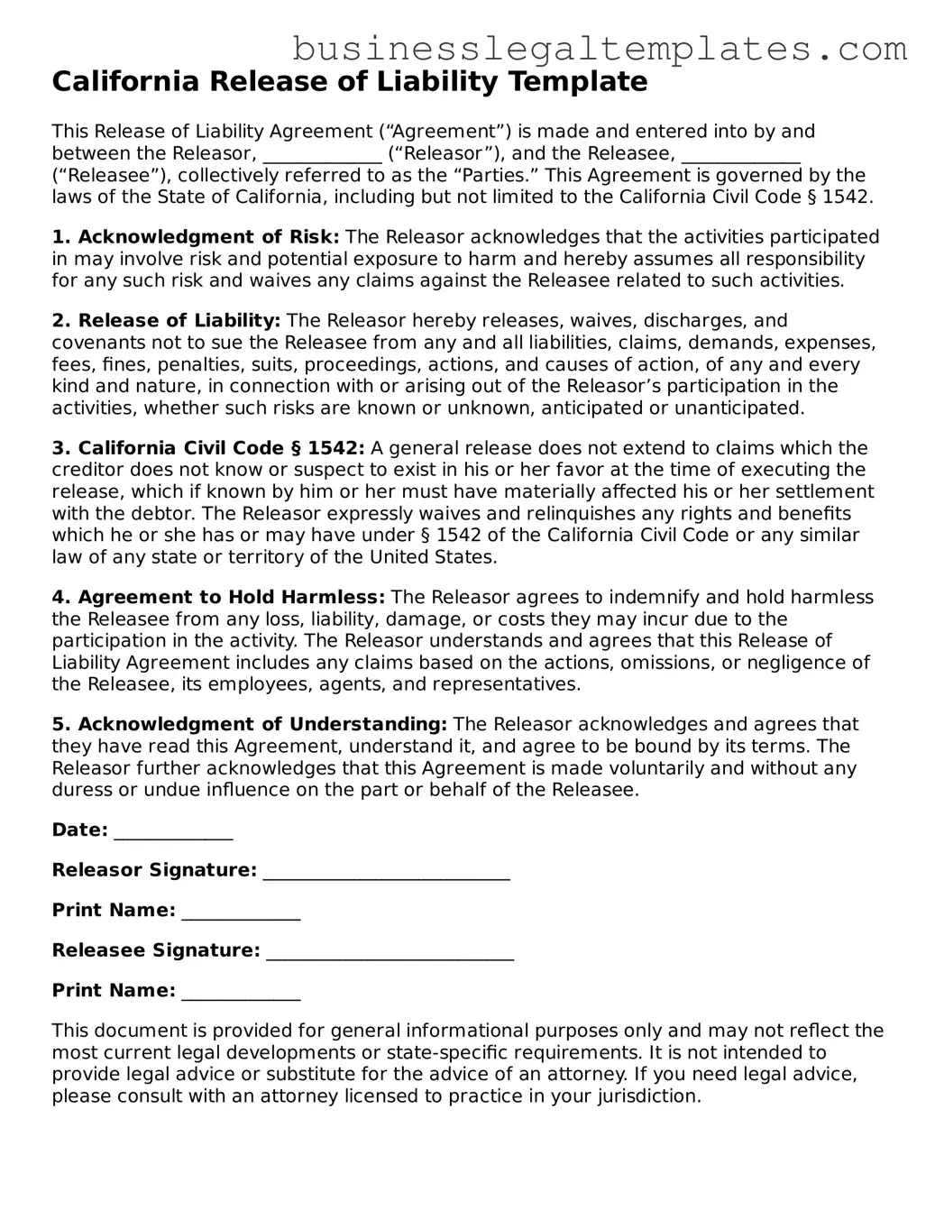 Blank California Release of Liability Document