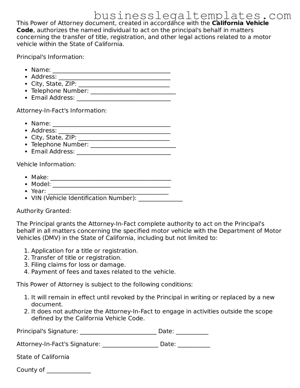 Blank California Motor Vehicle Power of Attorney Document