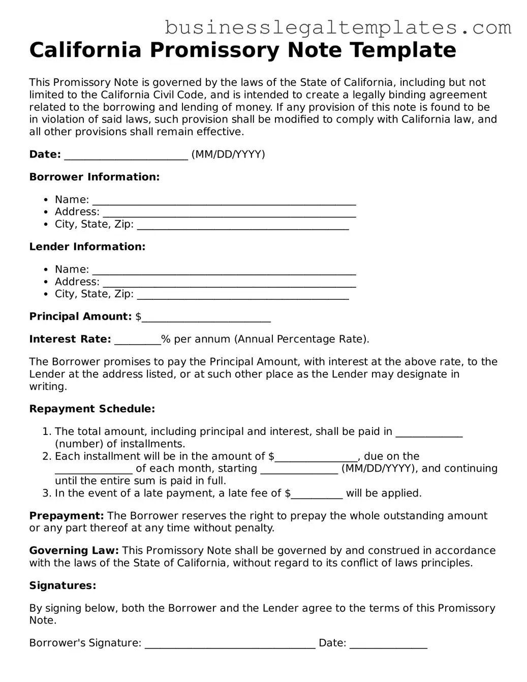 Blank California Promissory Note Document
