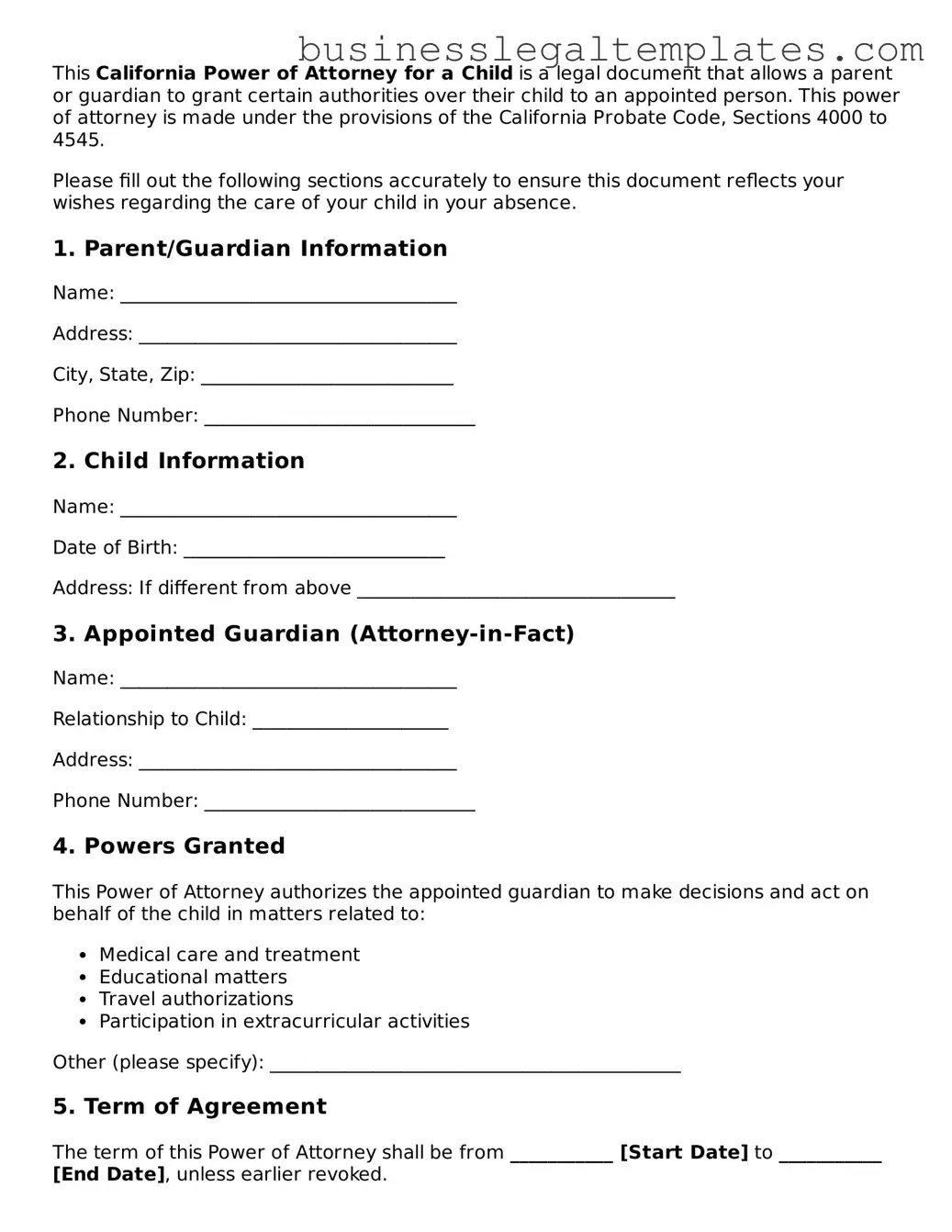 Blank California Power of Attorney for a Child Document