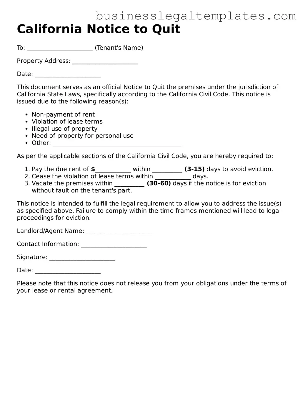 Blank California Notice to Quit Document
