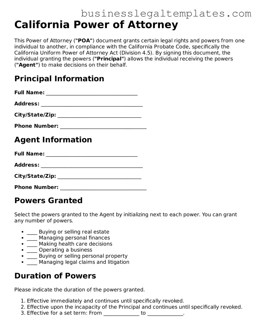 Blank California Power of Attorney Document