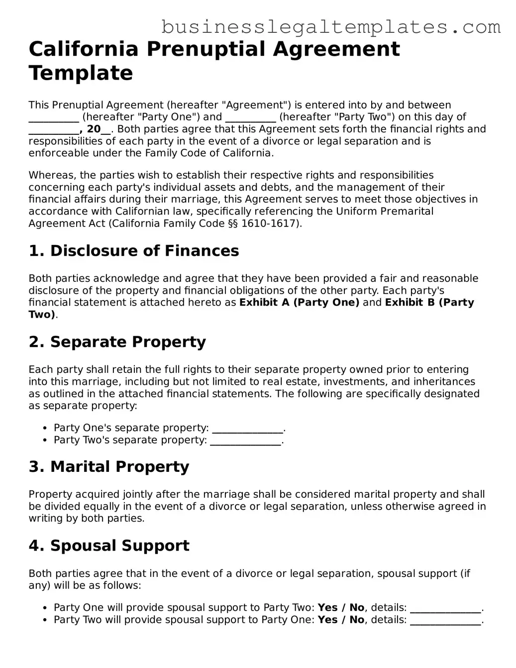 Blank California Prenuptial Agreement Document
