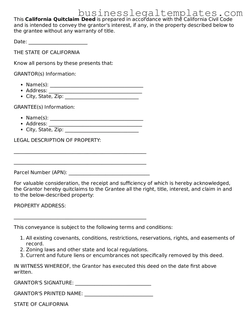 Blank California Quitclaim Deed Document