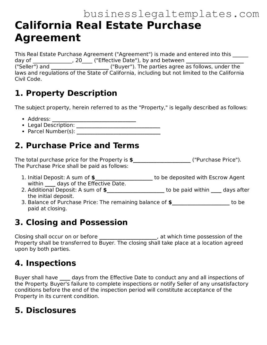 Blank California Real Estate Purchase Agreement Document